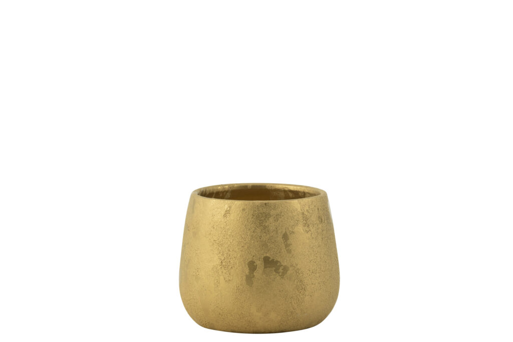 Mała okrągła doniczka ceramiczna w kolorze złotym, 14 cm wysokości – dekoracyjny element do wnętrz.