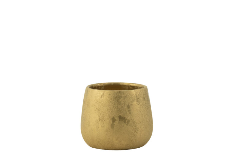 Mała okrągła doniczka ceramiczna w kolorze złotym, 14 cm wysokości – dekoracyjny element do wnętrz.
