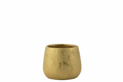 Mała okrągła doniczka ceramiczna w kolorze złotym, 14 cm wysokości – dekoracyjny element do wnętrz.