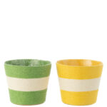 Zestaw dwóch średnich doniczek z papieru i PET z motywem żółto-zielonych pasków – dekoracyjne osłonki 13 cm.