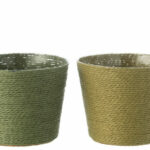 Zestaw dwóch zielonych doniczek z papieru z uchwytami ze sznurka – dekoracyjne osłonki 11 cm do wnętrz.